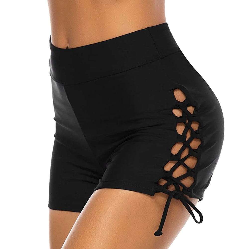 High Waisted Drawstring Swim Shorts for Women - Ruched Tummy Control Slim Bottoms